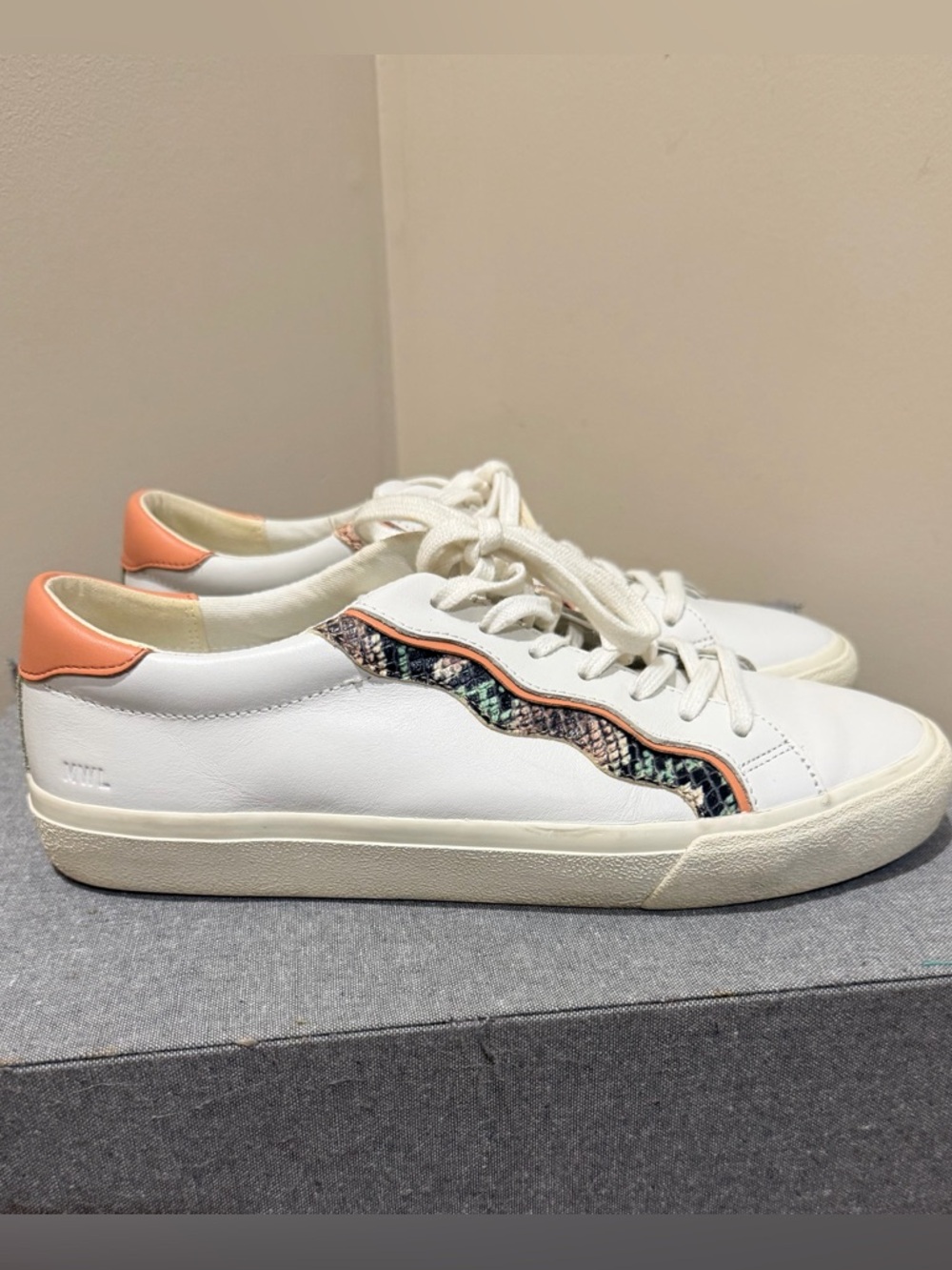 Madewell Sidewalk White Leather Sneakers with Peach Trim and Snake-Print Accent - Picture 3 of 9